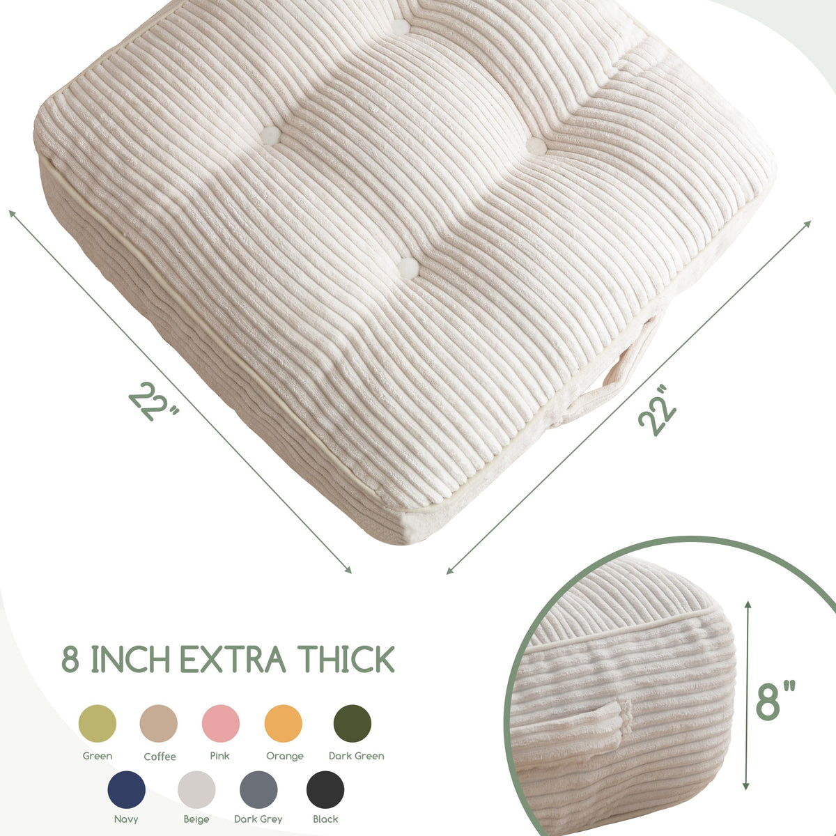 8" Extra Thick Floor Pillow Cushion for Adults (Square Beige / 8" Thick(Pack of 1))