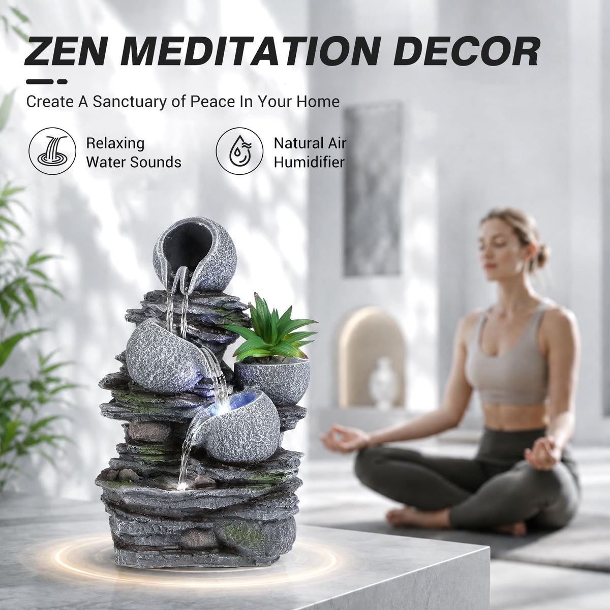 Indoor Fountain Tabletop Water Fountain Indoor Waterfall Fountains Stacked Rocks Water Feature Feng Shui Zen Meditation Relaxation Desktop Fountain for Home and Office Indoor Spaces Decor (Style 10)