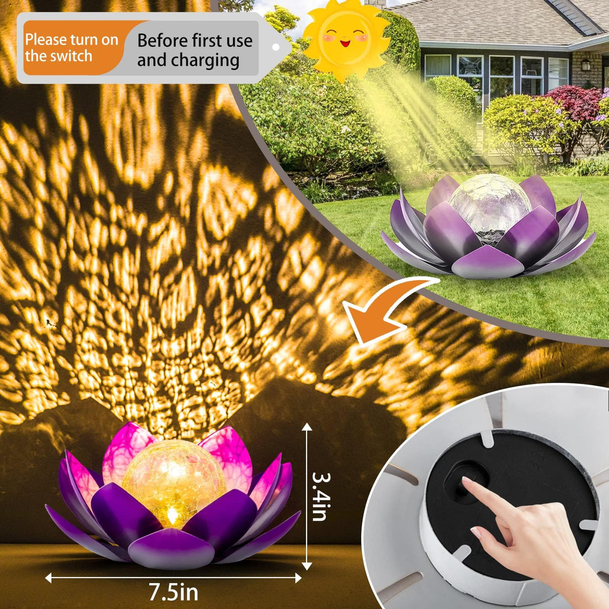Solar Light Outdoor Decor Art Crackle Globe Glass Lotus Decoration (Purple)