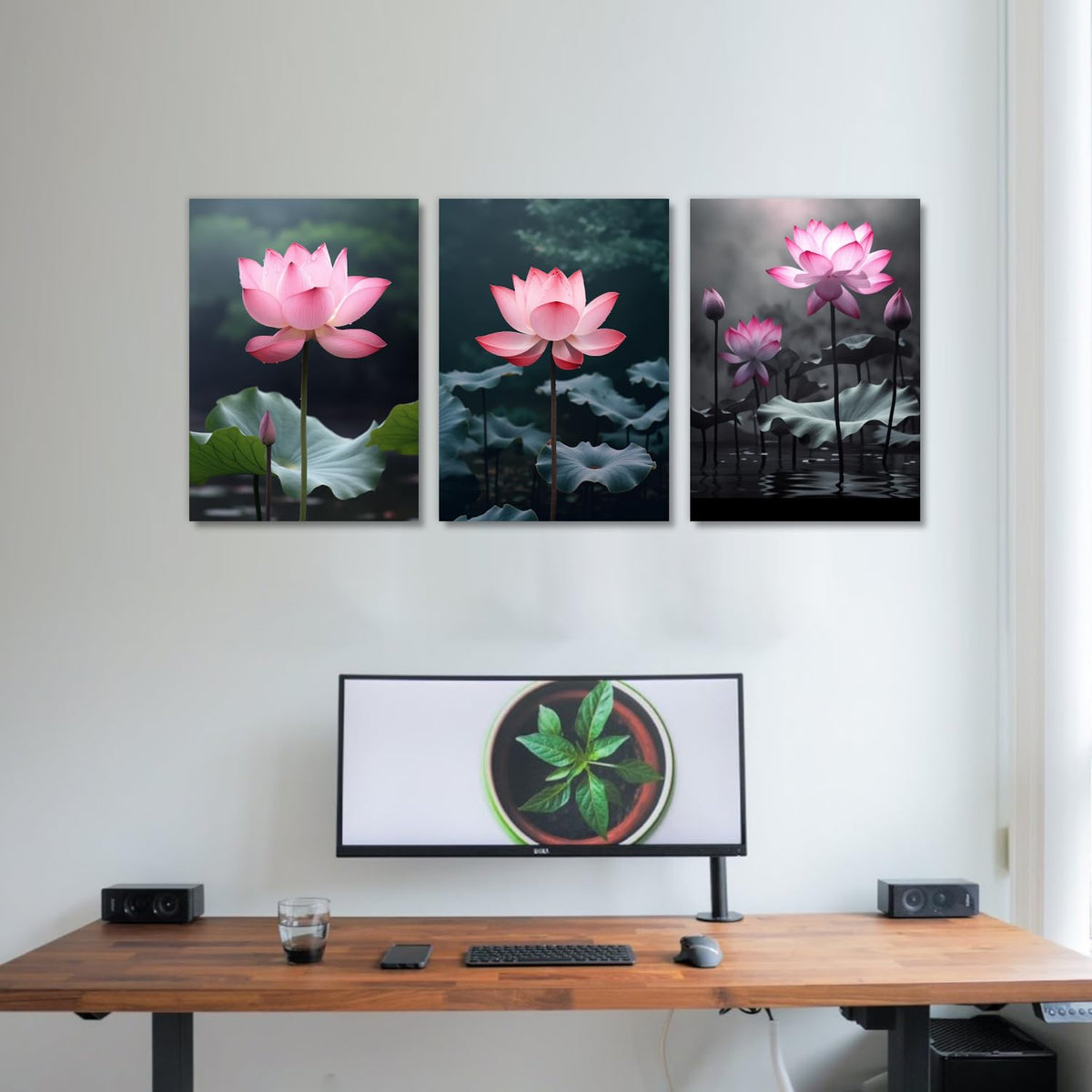 Pink Lotus Canvas Wall Art 3 Pieces Flower with Lotus Leaf in River Pictures Prints Wall Decor Nature Landscape Painting Vintage Artwork for Home Decor (Lotus-5 / 11.00"x14.00"x3P)
