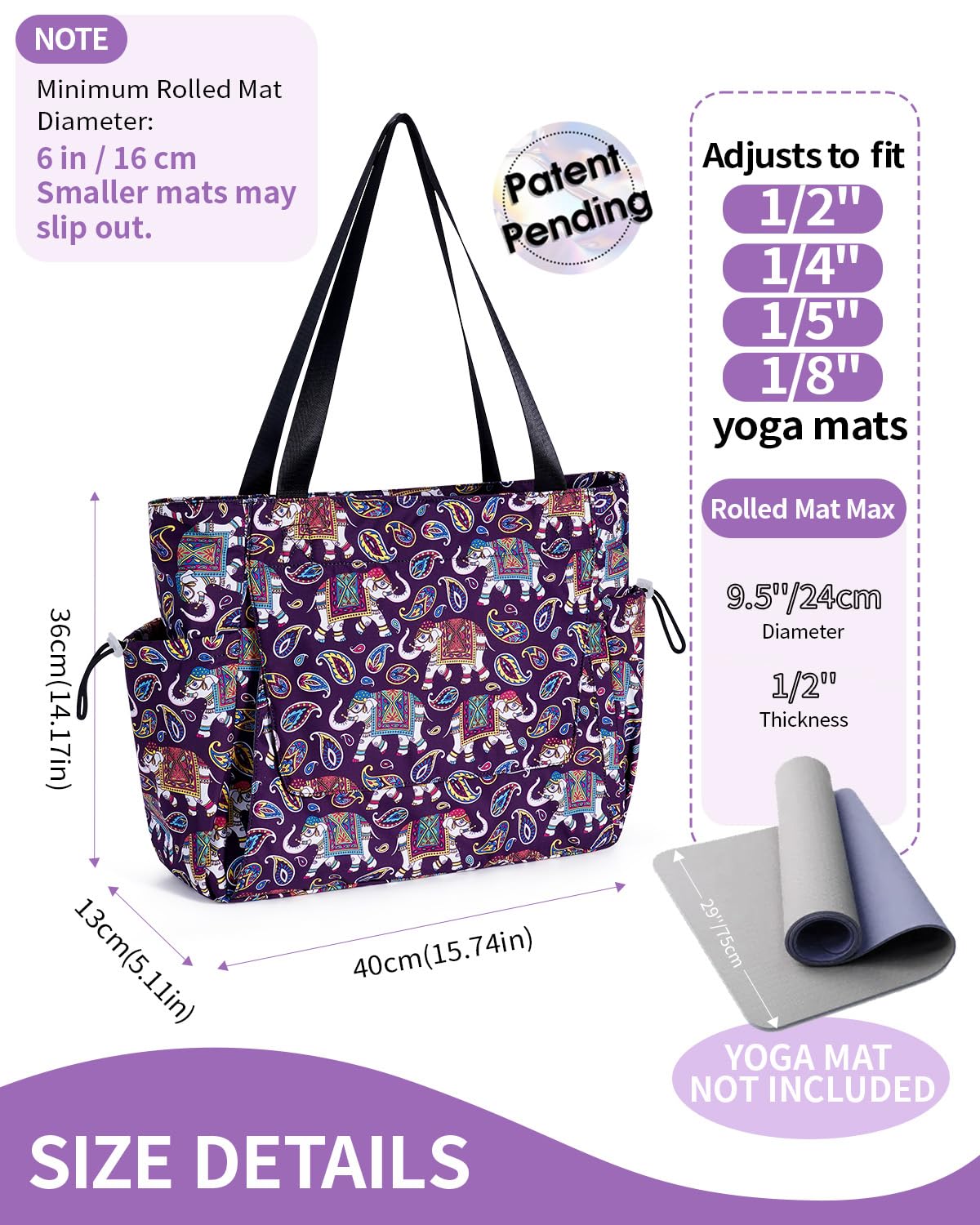 Yoga Mat Bag Waterproof Tote Gym Bag Mat Carrier W (Deep Purple Lucky Elephant)