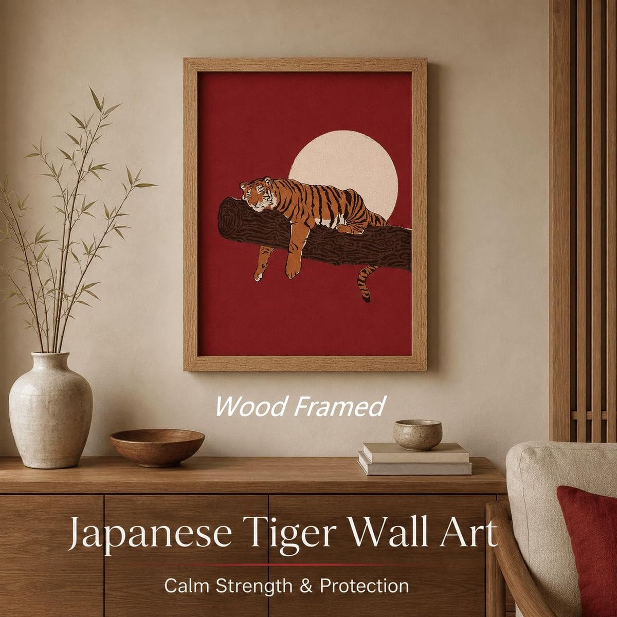 Japanese Sleeping Tiger Framed Wall Art Bold Red Amber Wildlife art (Japanese Tiger / 16"L x 12"W)