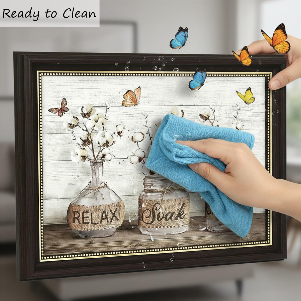 Dark Brown Framed Farmhouse Bathroom Canvas Wall Art Rustic Cotton Butterfly in Bottles Poster Artwork Country Relax Soak Unwind Sign Painting Picture Wall Decor for Bathroom Home Decoration 9x11in (Bathroom Mason Jar / 11"L x 9"W)