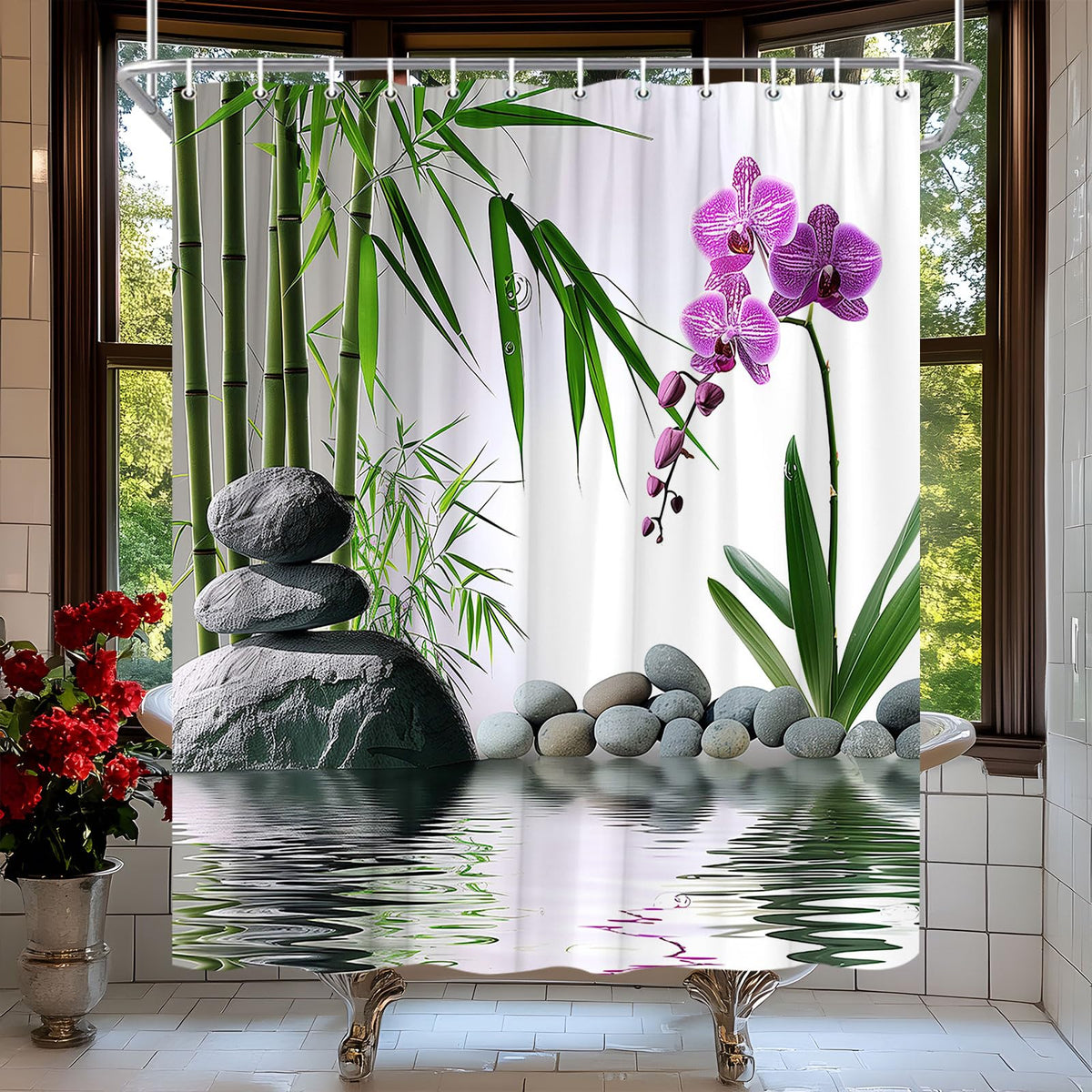 Zen Shower Curtain Green Bamboo Purple Orchid Stone 70W x70L (Green / 70"W x 70"L (Pack of 1))