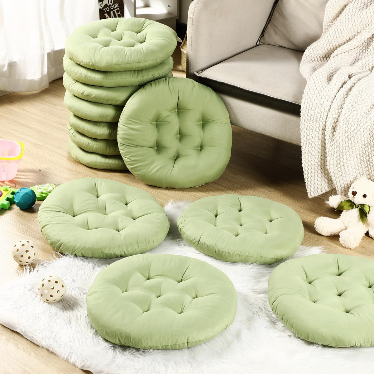 12 Pcs Round Floor Pillows Cushions Seating 16 x 16 Inches Floor Round Cushions for Kids Toddlers Flexible Reading Chair Pillows for Classroom Home School Playing Supplies (Green)