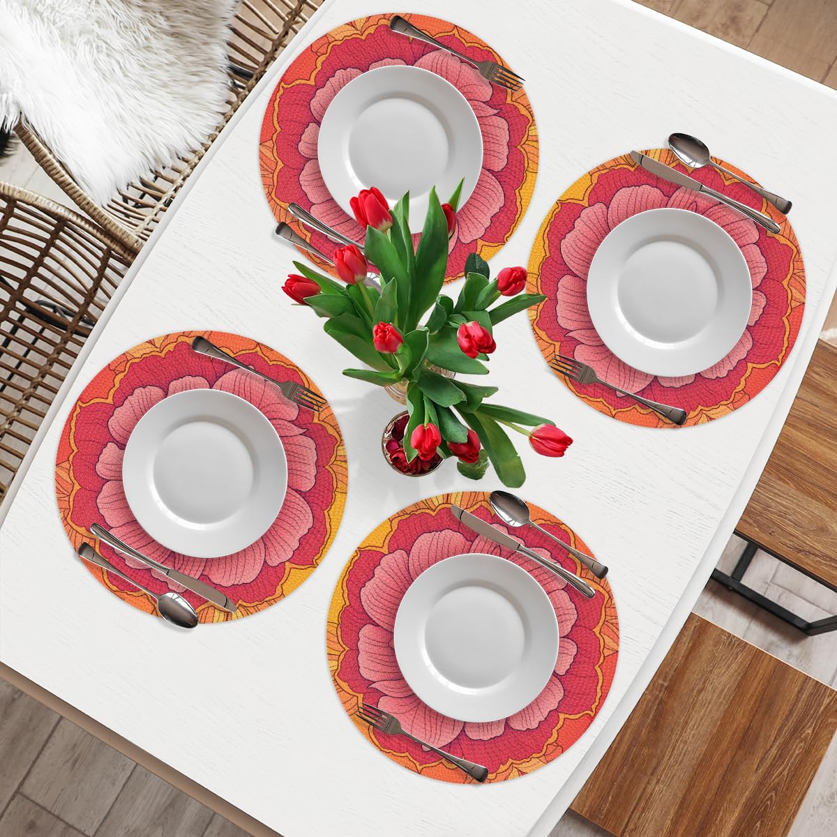 Flower Woven Placemats Round Placemats Set of 4 Festival Party (A 018 / 4 pieces)