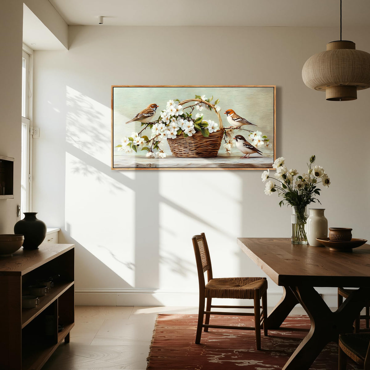 Farmhouse Floral Bird Framed Wall Art Large Flower Decor Neutral (Sparrows Flowers / 40"L x 20"W)