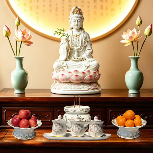 Buddhist Altar Supplies Set for Buddha Tibetan Worship Shrine (White)