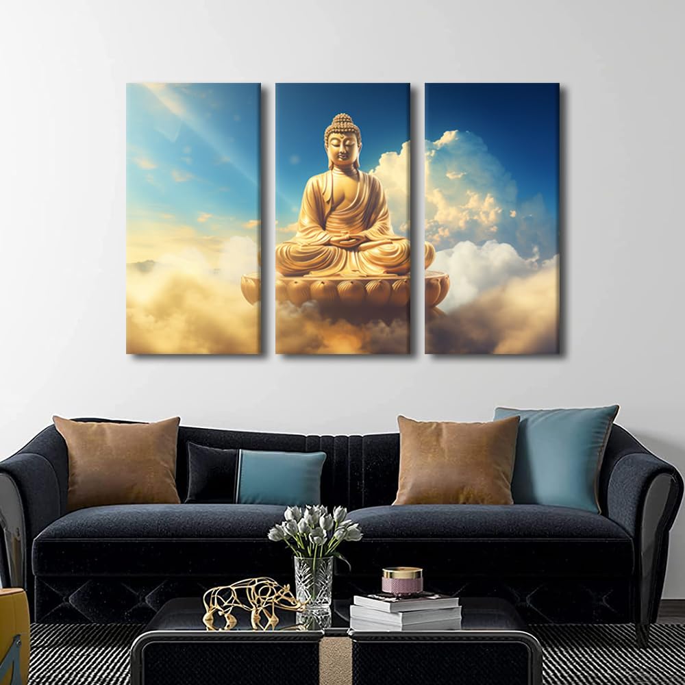 wall art decor for home modern 3 panel canvas poster Buddha statue the sky picture prints on canvas Buddhist believers living room home wall decor stretched and framed ready to hang 36x24 in (36x24 in / 3PANEL-17)