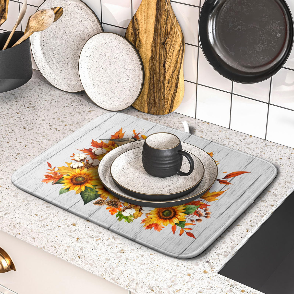 Hello Fall Sunflowers Dish Drying Mat for Kitchen Counter (Hello Fall / 16" x 18")