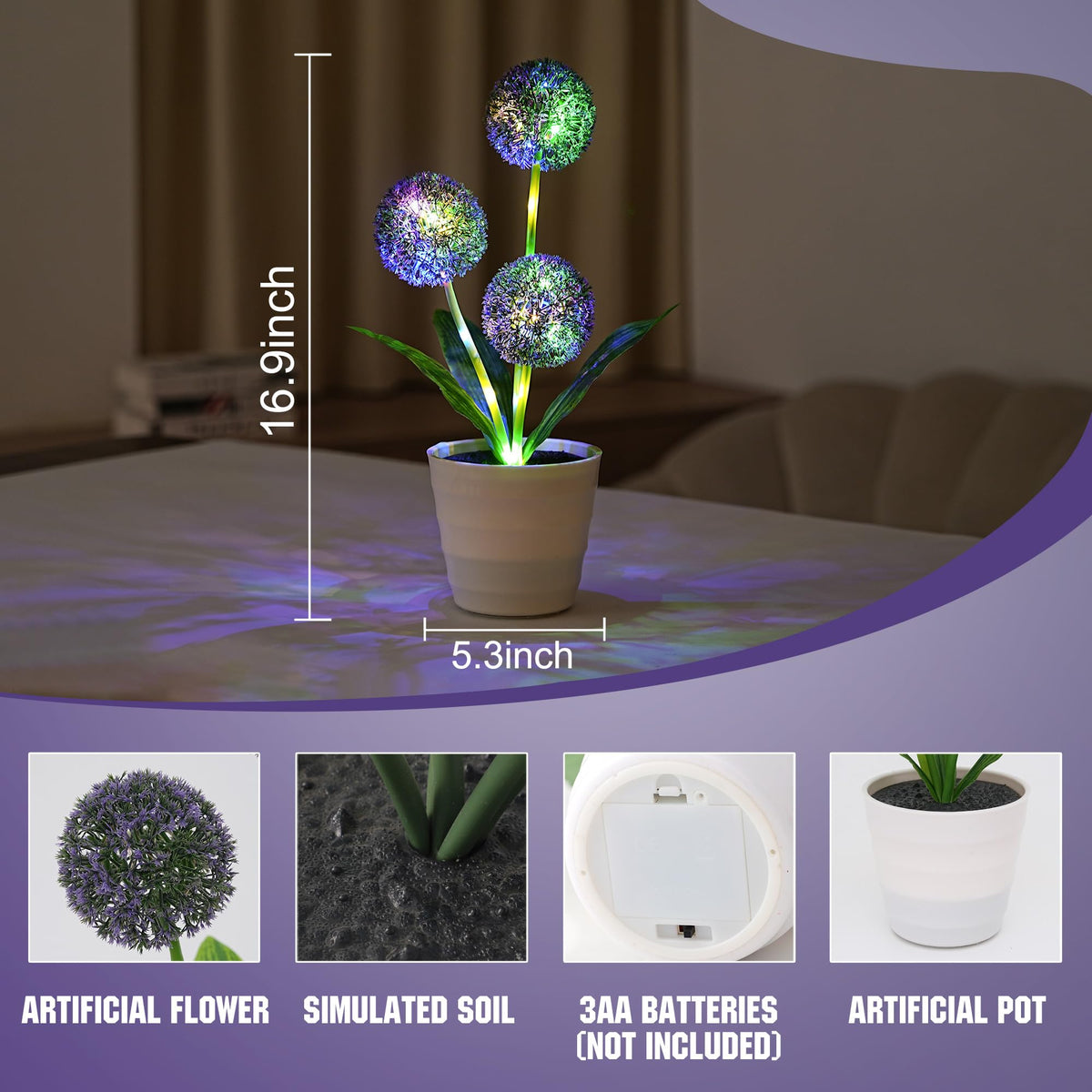 Artificial Purple Allium Flower Lamp (Dandelion-Purple)