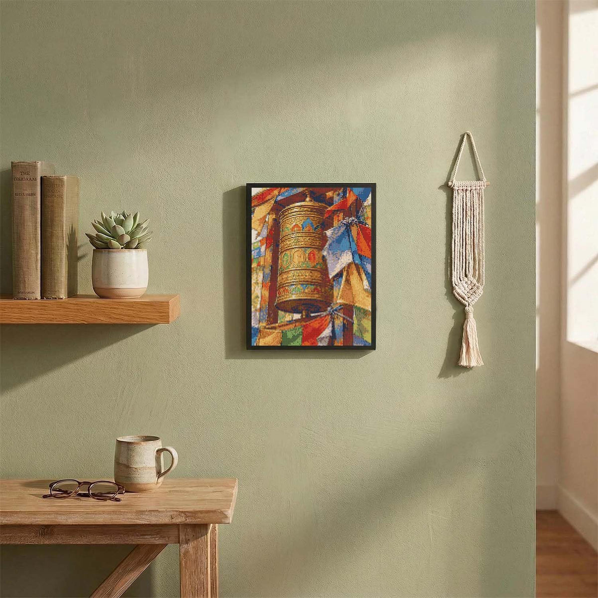 Prayer Wheel Turning with Colorful Cloth Buddhism Diamond Painting Kit with Frame Full Square Drill DIY Bar Cafe Cave Home Room Wall Bathroom Porch Patio Decor Gift (PRAYER WHEEL TURNING WITH COLORFUL CLOTH - 16 x 12 Inch Framed)