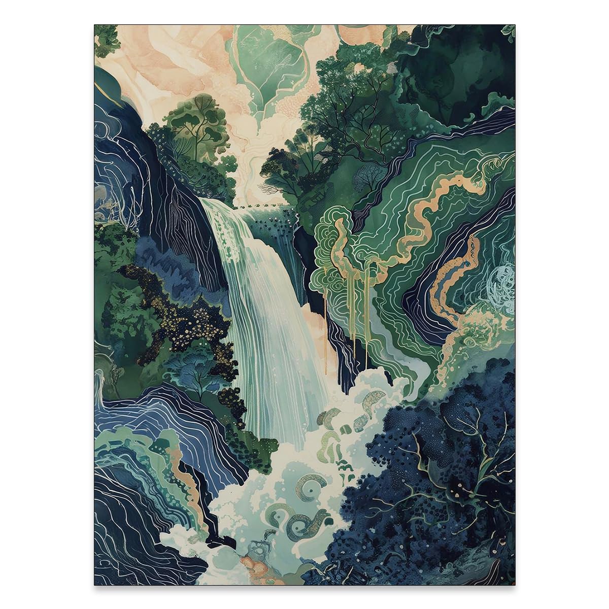 Japanese Landscape Prints Poster Abstract Nature Mountain Canvas Wall Art Vintage Asian Waterfall Painting Ukiyo (Unframed / Japanese Painting / 14"L x 11"W)