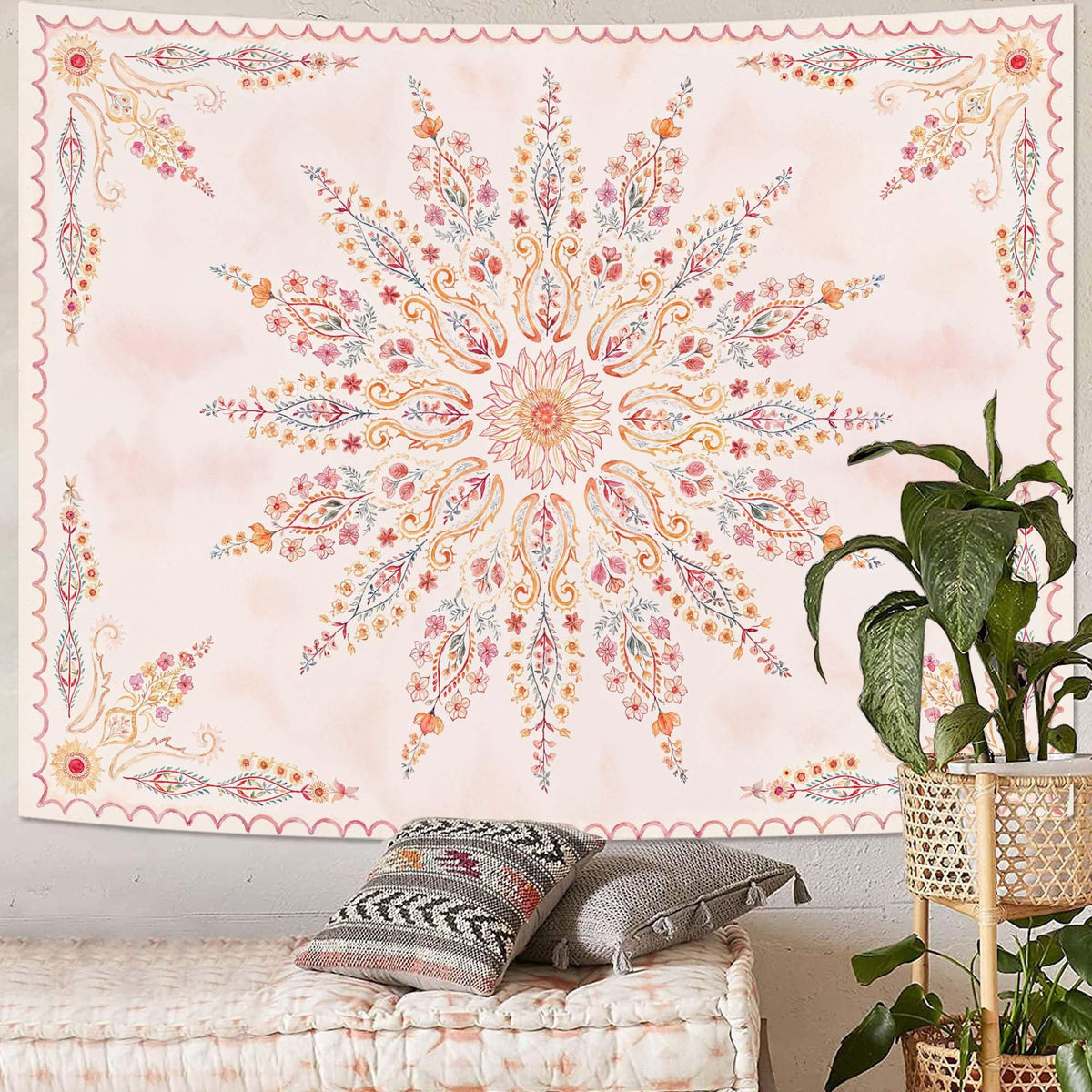 Boho Floral Mandala Tapestry for Bedroom Aesthetic Pink Bohemian Flower Wall Tapestry Watercolor Hippie Indian Tapestries Wall Hanging for Living Room Dorm Decor 60 x 44 Inch (Pink Brown / 60"L x 44"W)