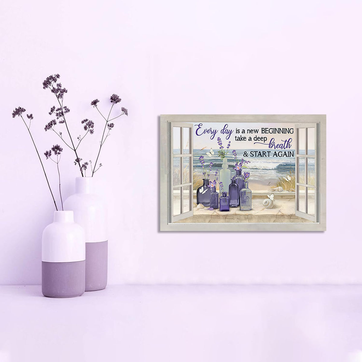 Purple Farmhouse Lavender Bathroom Decor Wall Art Rustic Window Pictures Wall Decor Canvas Painting Prints Artwork Decorations Framed for Bedroom Kitchen 24"x16" (Purple / 24"L x 16"W)