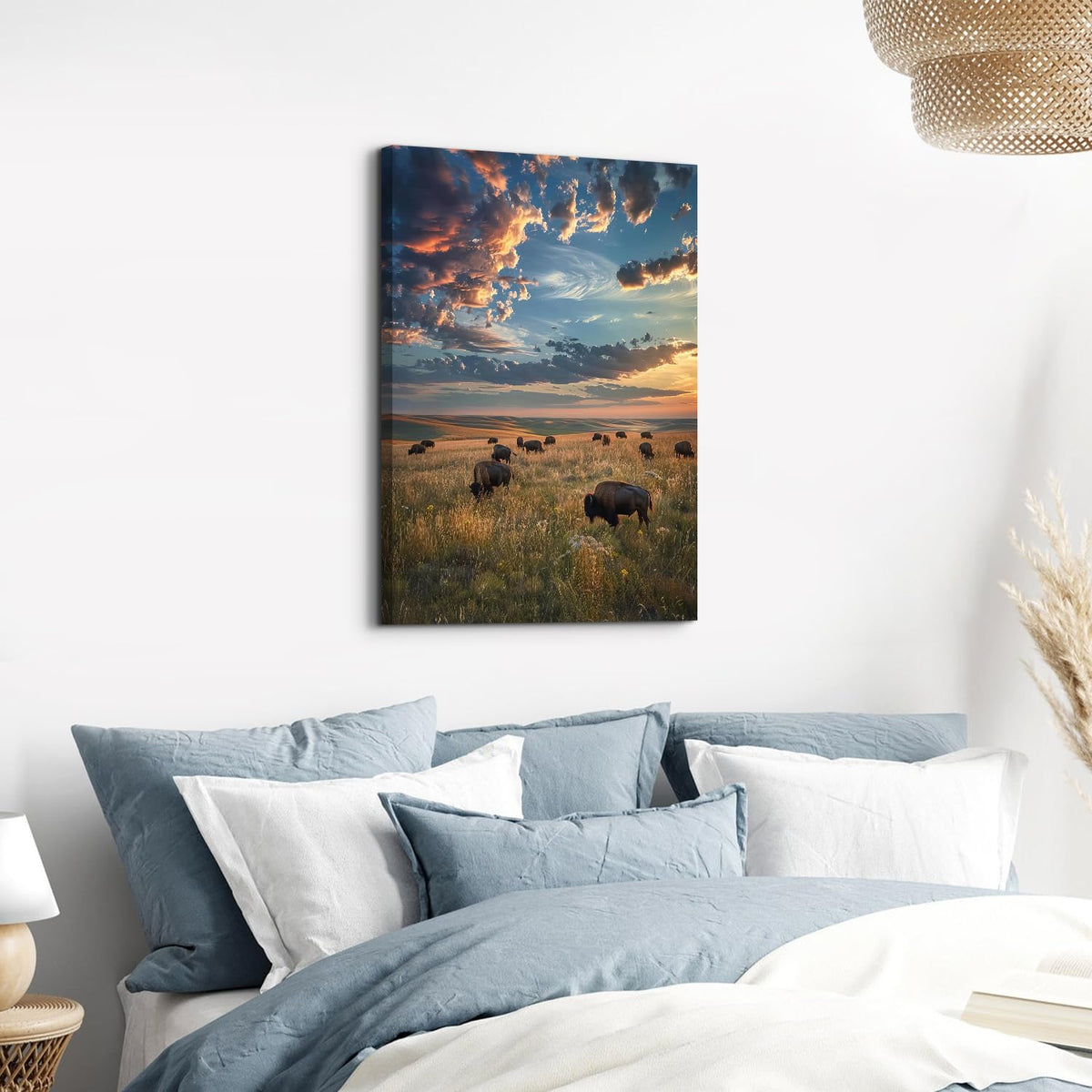 American Bison Wall Art Sunset Tallgrass Prairie National Park Poster Cow Pictures Canvas Wall Decor Nature Wilderness Landscape Painting Artwork for Living Room Office Home Decorations 16x24" (24"L x 16"W / Tallgrass Prairie)