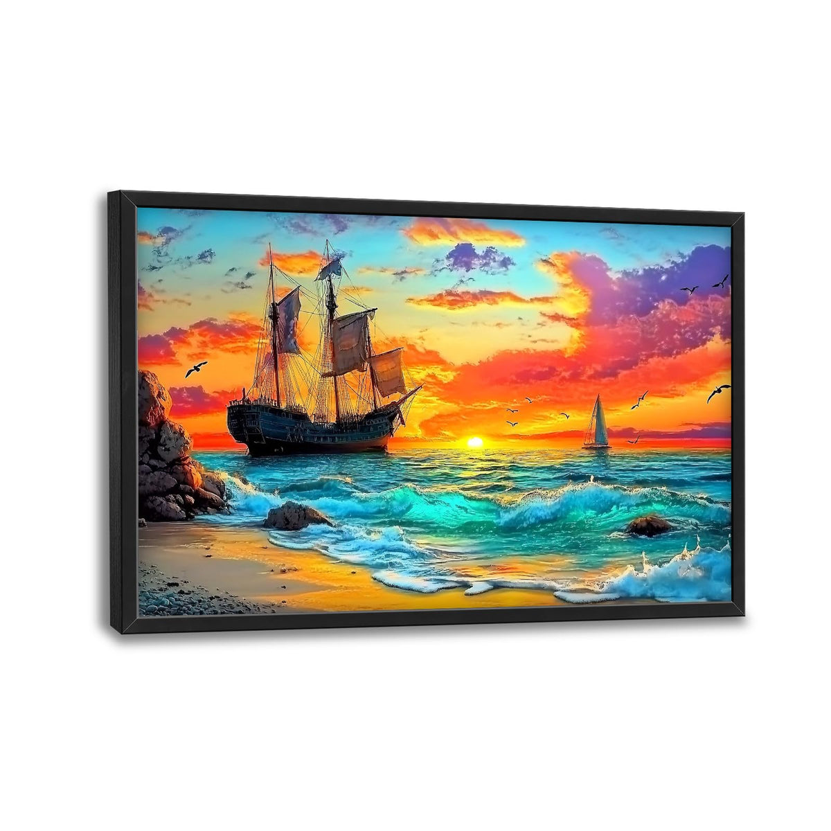Large Framed Ship Wall Art Coastal Beach Boat Wall Decor 36"x24" (sea / 36"L x 24"W)