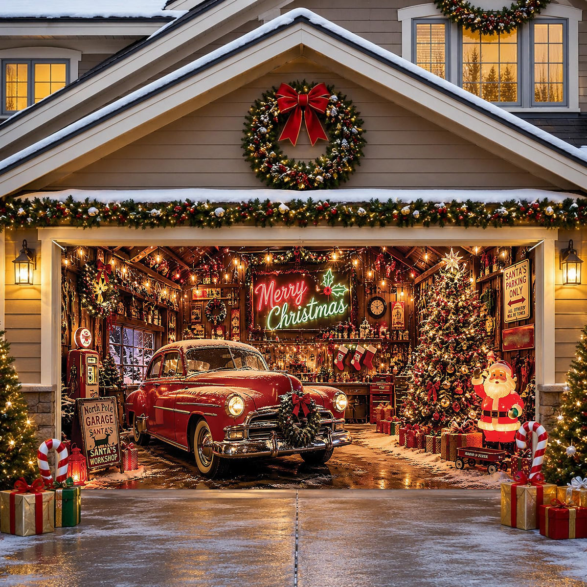 Christmas Nostalgic Garage Door Cover Banner Vintage Car Xmas Backdrop (Christmas Car)