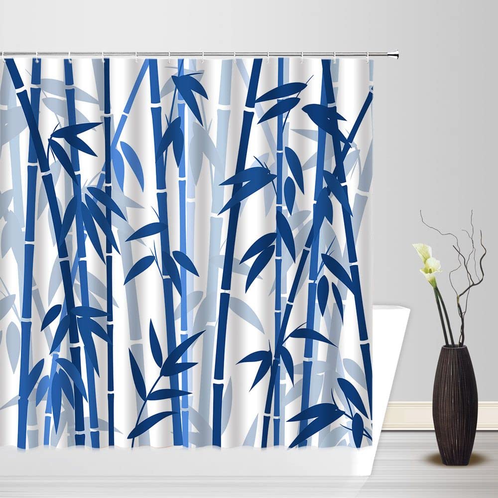 Bamboo Shower Curtain Green Bamboo Forest Tree Japanese Asain Art Rustic Wild Nature Plant Scenic Watercolor Fresh Spa Fabric Bathroom Sets with Hooks (Blue / 60"W x 70"L (Pack of 1))