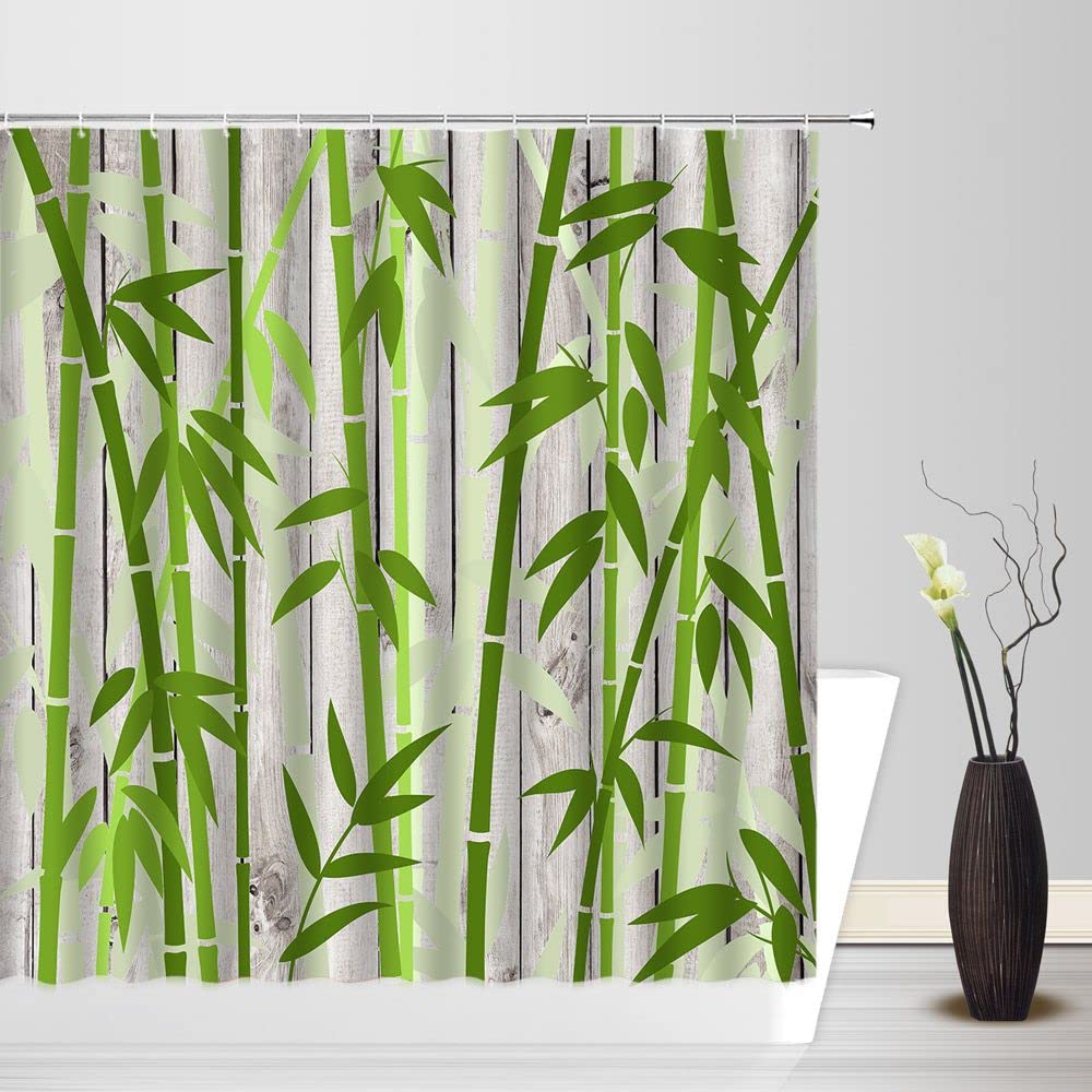 Bamboo Shower Curtain Green Bamboo Forest Tree Japanese Asain Art Rustic Vintage Wooden Board Wild Nature Plant Scenic Watercolor Fresh Spa Fabric Bathroom Sets with Hooks (Green Grey / 70"W x 84"L (Pack of 1))