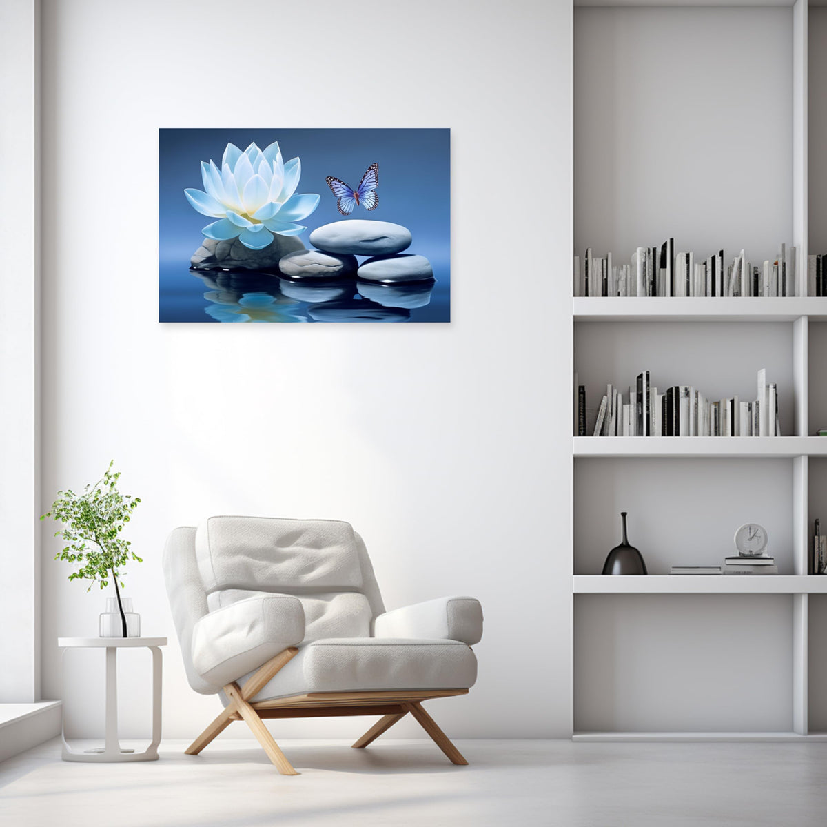 Blue Zen Wall Art Lotus Flower Canvas Spa Stone Pictures for Bathroom Wall Decor Meditation Butterfly Painting Frame (Zen - A / 20"L x 30"W)