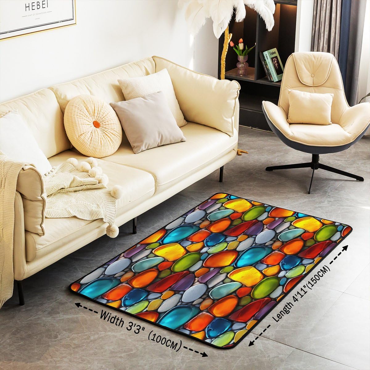 Cobblestone 3x5 Area Rug Rainbow Pebble Rugs for Living Room (Red Orange Yellow Green Blue / 3'3" x 4'11" (Rectangular))