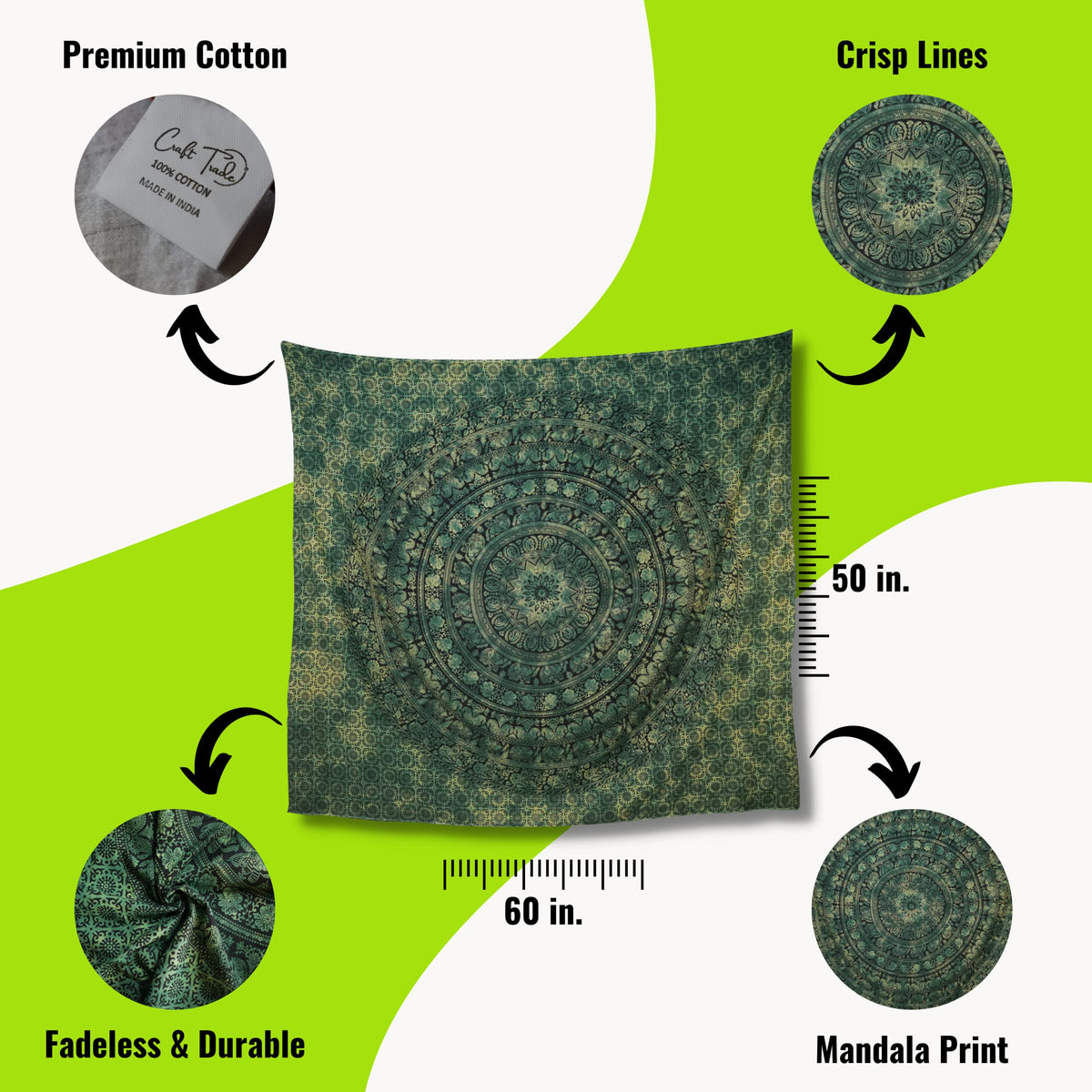 Cotton Mandala Tapestry (Green / 50"L x 60"W)