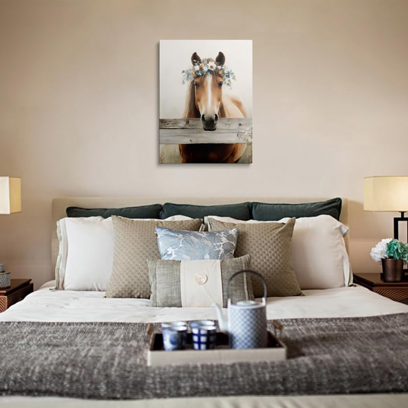 Farmhouse Horse Painting Canvas Wall Art Framed Print Rustic Animal Portrait with Floral Crown Pastel Colors Weathered Wood Fence Wall Decor Artwork for Bedroom Office Decor 16x24 Inches (horse / 24"L x 16"W)