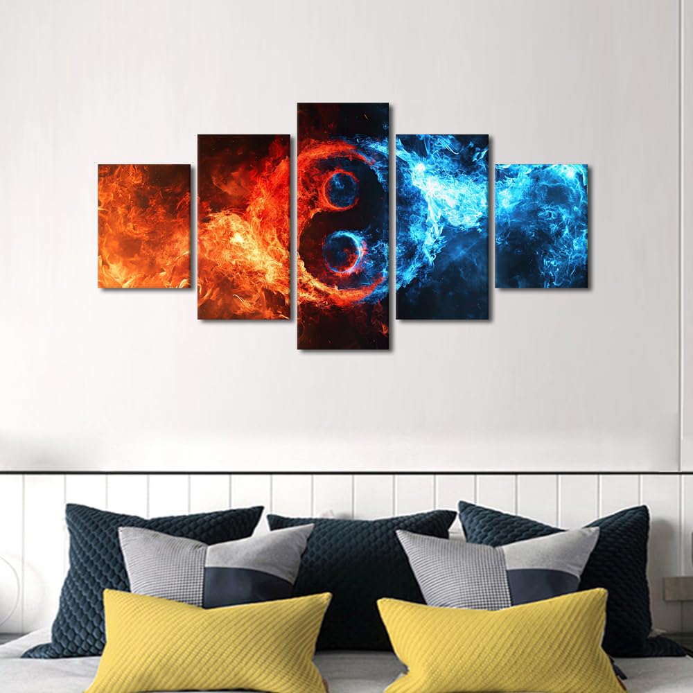 Wall Art Large Fiery Yin Yang In Blue And Red Flames Framed Canvas Print Multi Panel Artwork Contemporary Living Room Decor Balance Theme Art Ready to Hang 60" Wx32 H‌ (60''Wx32''H / Artwork-09)