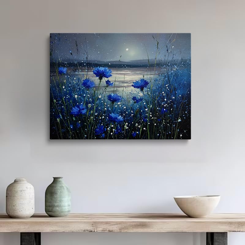 Beautiful Blue Cornflowers Moonlit Lake Landscape Canvas Wall Art (Blue Flower (Wrapped Canvas) / 16"L x 12"W)