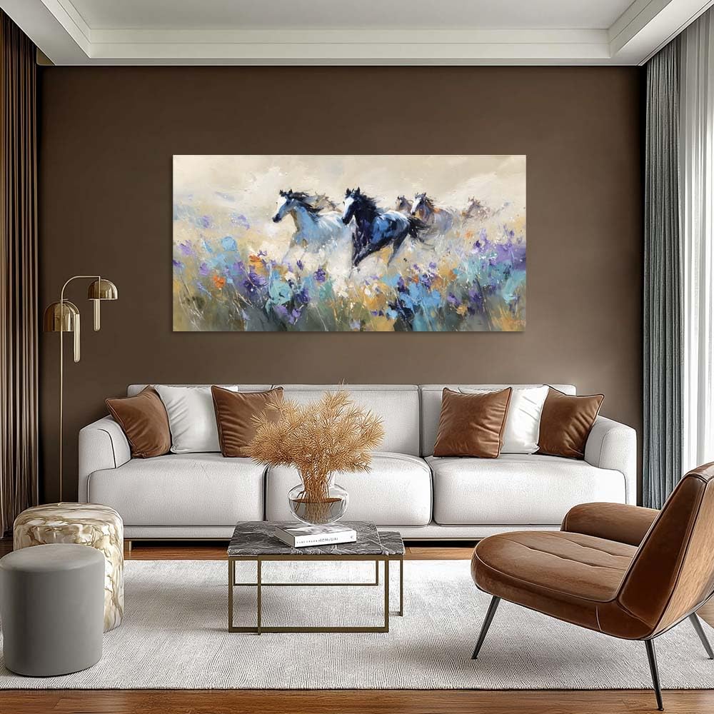 Running Horses Canvas Wall Art Wild Mustang Floral Field Painting Print Gallery Wrapped Rustic Animal Arrtwork for Living Room Bedroom Bathroom Decor (Abstract / White Wild Horses 1 / 46"L x 23"W)
