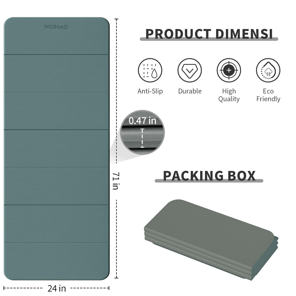 7 Fold Yoga Mat 70"x24" (Dark green+Dark Gray)