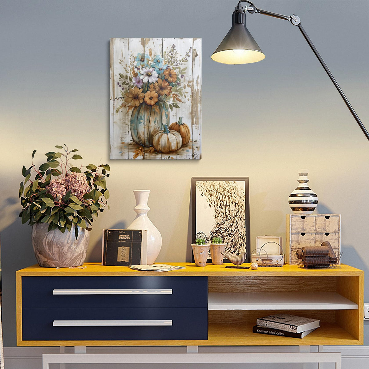 Framed Farmhouse Pumpkin Wall Art Canvas Floral Harvest Decor 16x24 Inches (Pumpkin Flower / 24"L x 16"W)