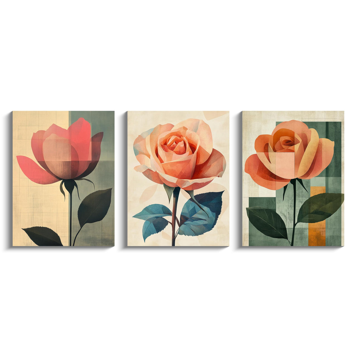 3Pcs Abstract Rose Wall Art Canvas Print Minimalist Floral Painting Modern Geometric Flower Botanical Artwork Mid Century Style Home Decor Green Teal Beige Decor for Living Room Bedroom (12 x 16 inches (3-Piece Set) / Geometric Rose-1)