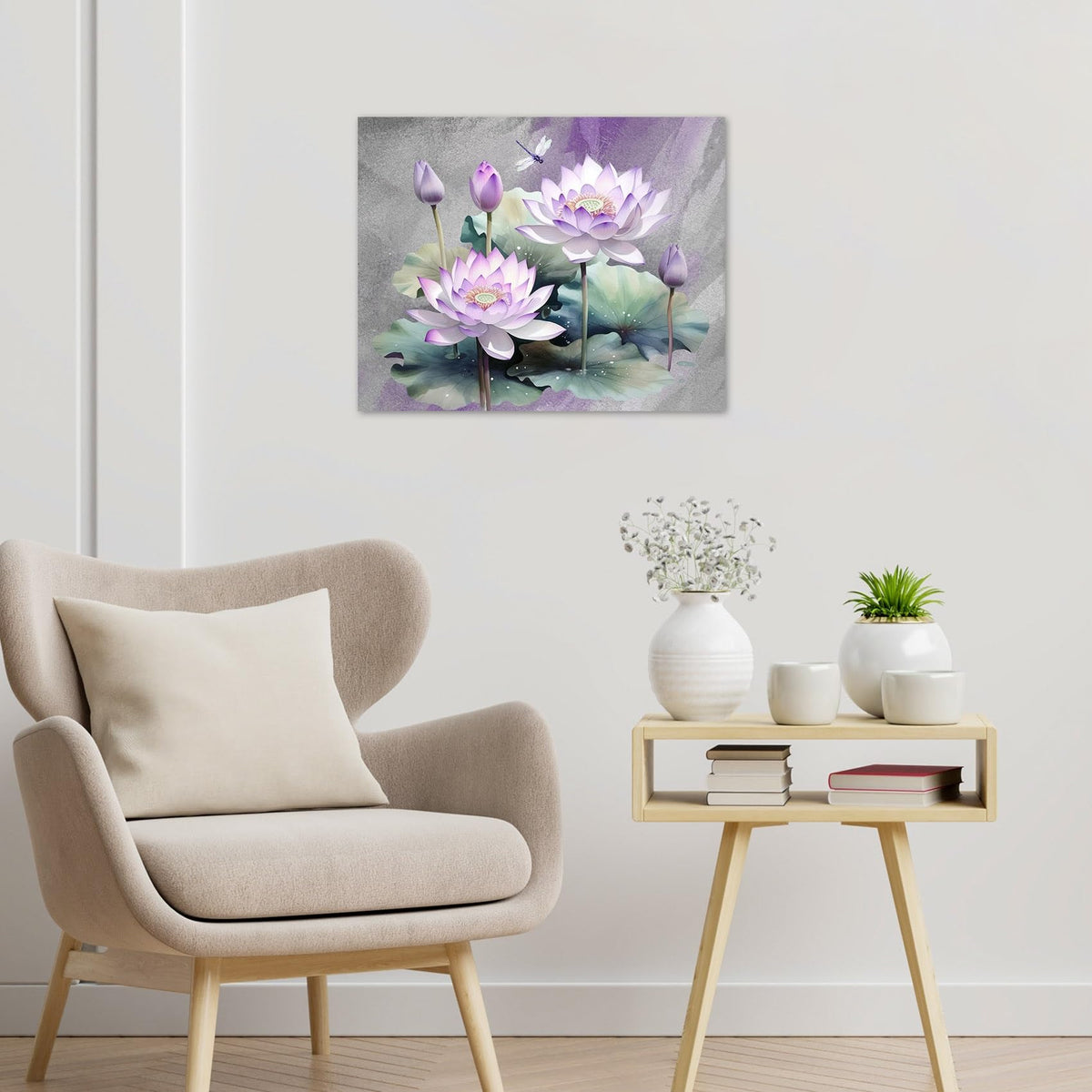 Zen Purple Floral Canvas Wall Art Water Lily Flower with Green Leaf Plant and Dragonfly Wall Art Nature Botanical Framed Wall Decor for Bathroom Bedroom Living Room Decor (Purple / 12"L x 16"W)