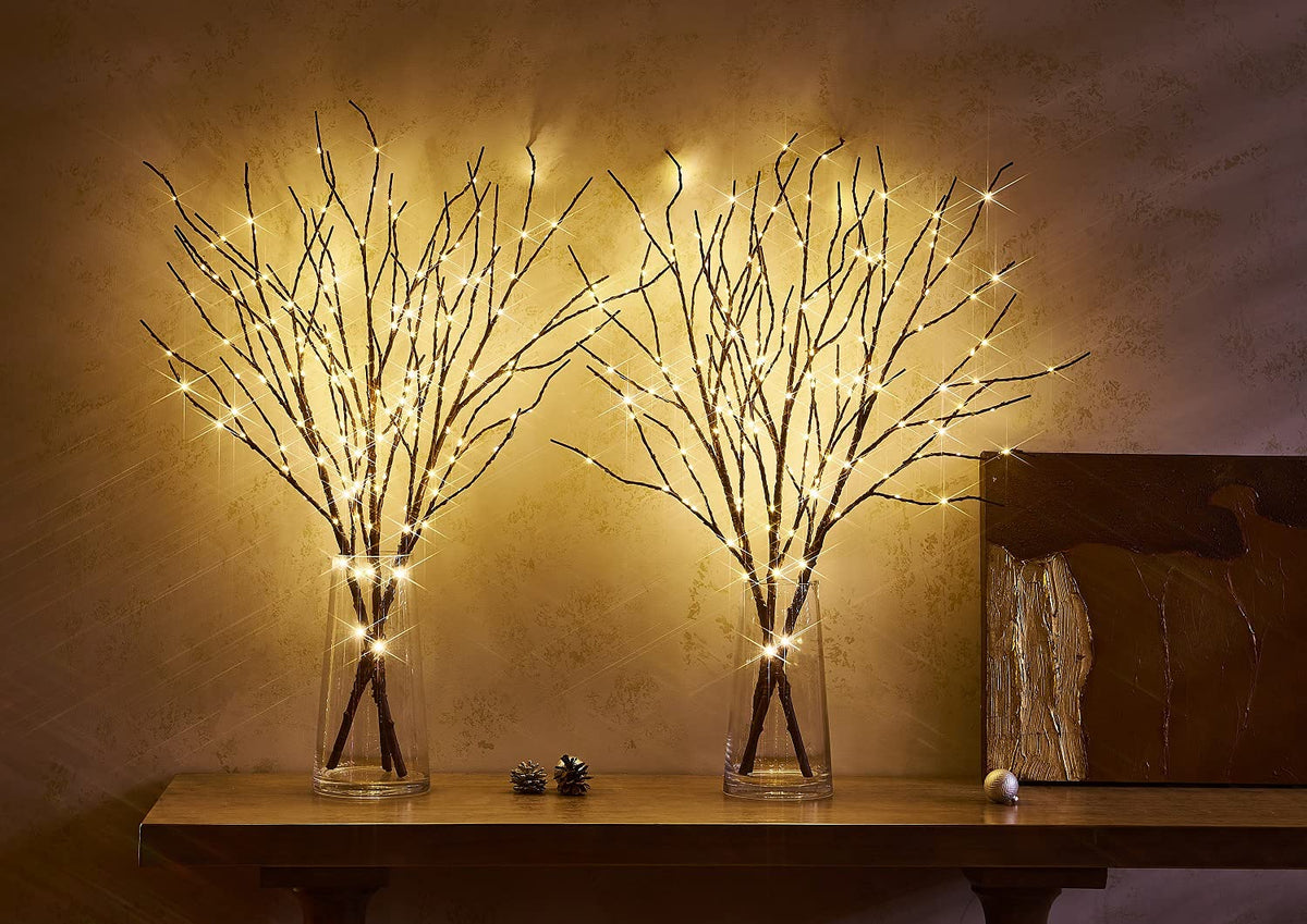 Lighted Branch Plug in with Timer Willow Branches with Fairy Lights for Vase Twig 32IN 150 LED Outdoor and Indoor Holiday Party Decor (150led-brown-plug-in / 32in-1 set)
