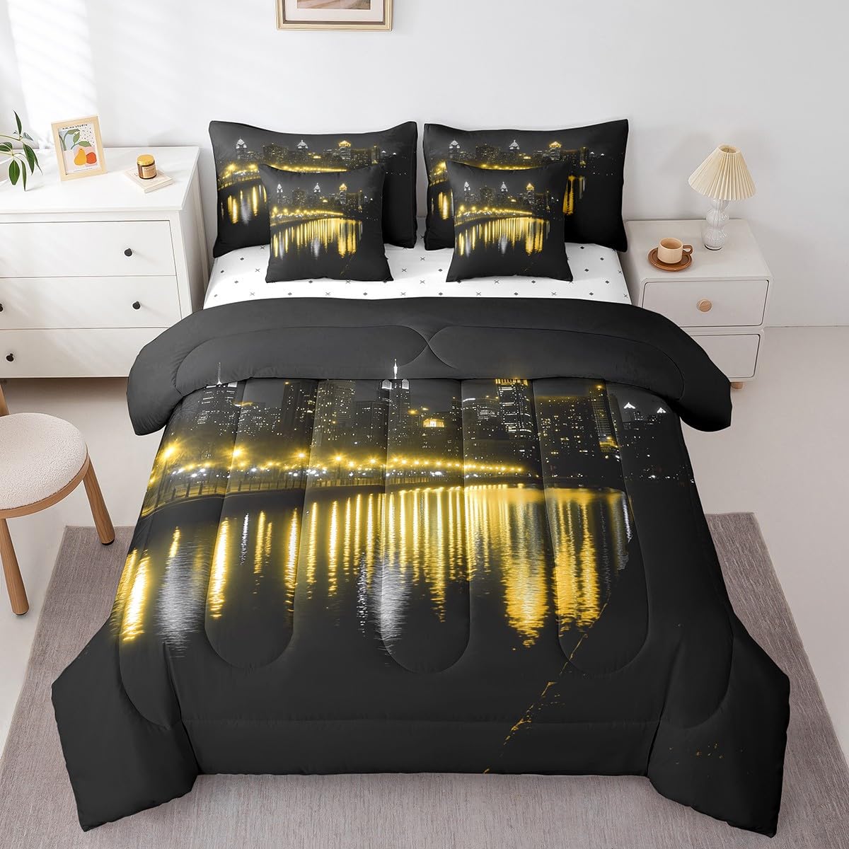 Golden Gate Bridge Comforter Set with Sheets Twin Size Kids Nightscape 7 Piece Bedding Set All Season Teens City Scenery Bed in A Bag Breathable Soft Lightweight Black Yellow Room Decor (Carbon Black Yellow / Twin)