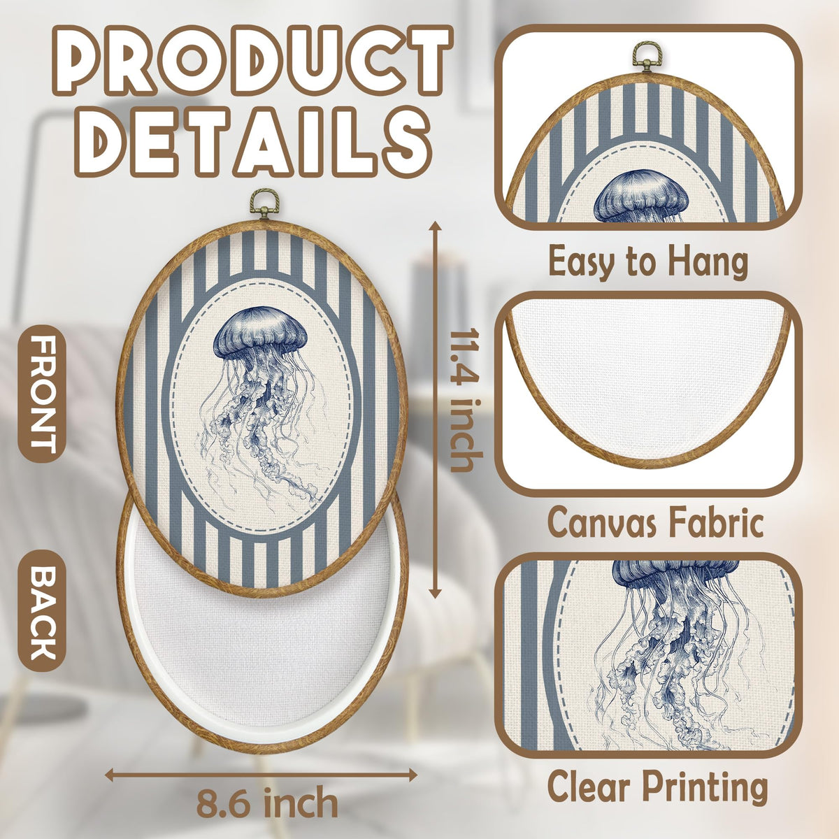 Blue Coastal Beach Jellyfish Oval Wall Art Decor (Color049)