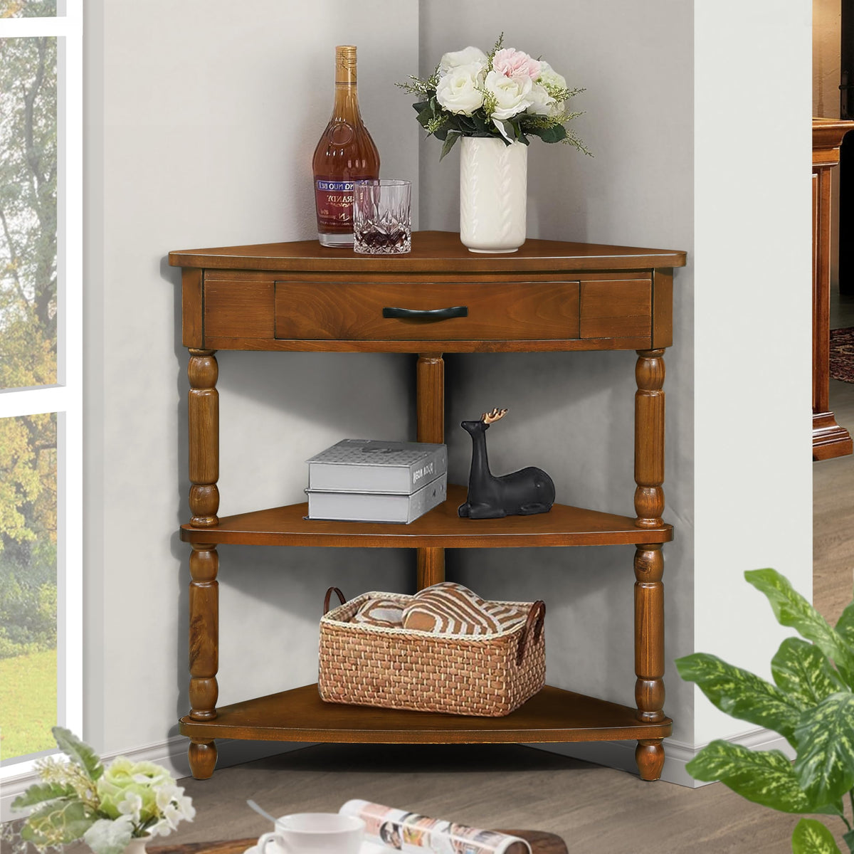 Small Triangle Corner Table Wood Corner Side Tables with Drawer & 2 Open Shelves 3 Tier End Table with Solid Wood Legs for Small Spaces Living Room (33.86"L x 20"W x 34.57"H / Brown)