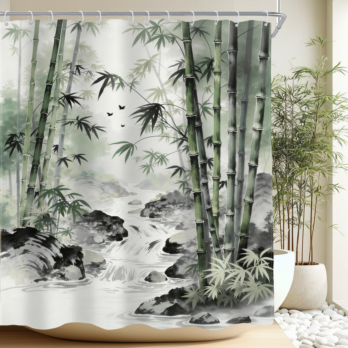 Bamboo Zen Spa Green Shower Curtain Leaves Nature Scenery 60Wx72L Inch (H-green / 60"W x 72"L (Pack of 1))