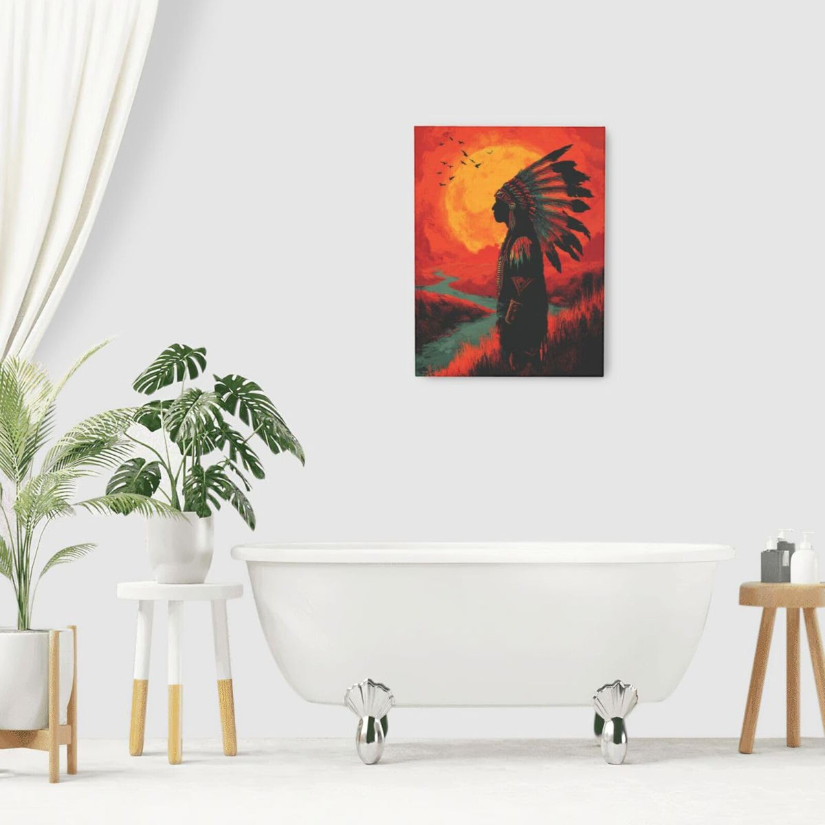 Native American Wall Art Indian Tribe Wall Decor Feather Canvas Pictures Vintage Landscape Paintings Prints Traditional Artwork Framed Decorations For Bathroom Bedroom Living Room Office Gifts 12" x 16" (Native American / 16"L x 12"W)