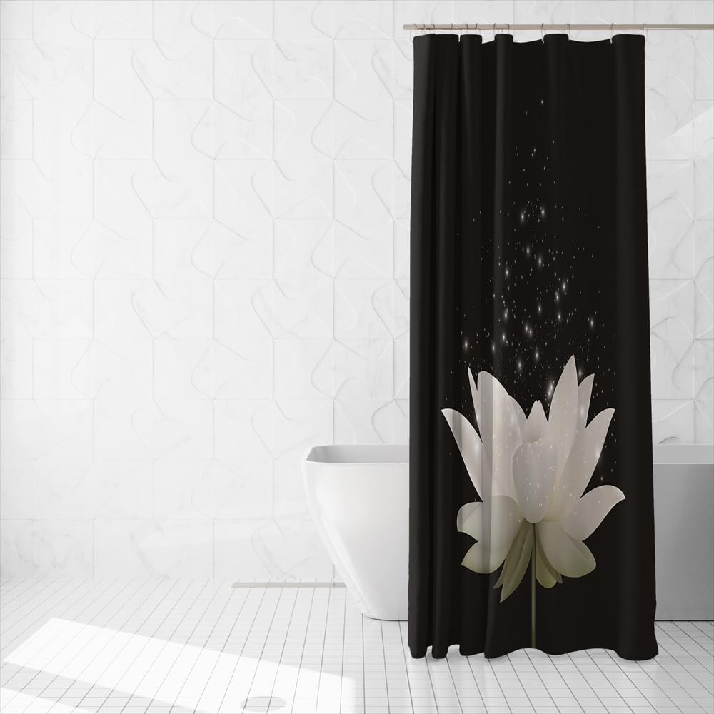 Spa Lotus Shower Curtains for Asian Zen Spa Washroom Decor Waterlily Floral Blossom Minimalist Black Bath Curtain for Bathroom Decor Art Print Waterproof Polyester Fabric with Hooks (72"W x 72"L (Pack of 1) / Black)