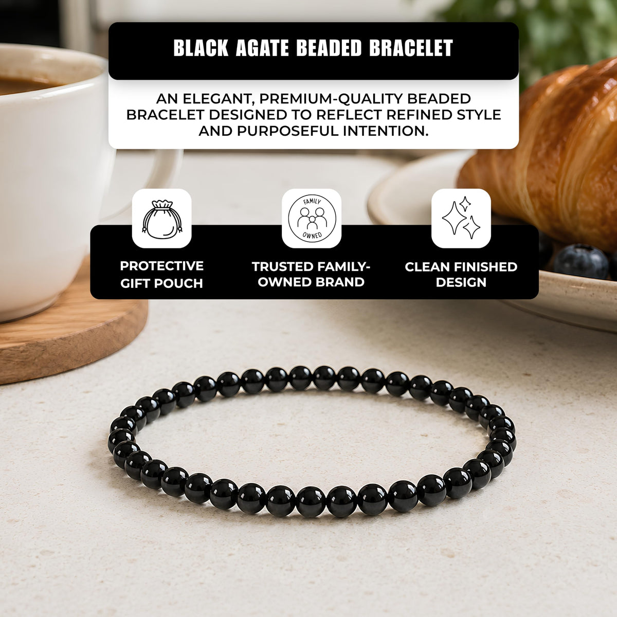 Black Agate Bracelet 4mm Beaded Bracelet (Black Agate / Large)