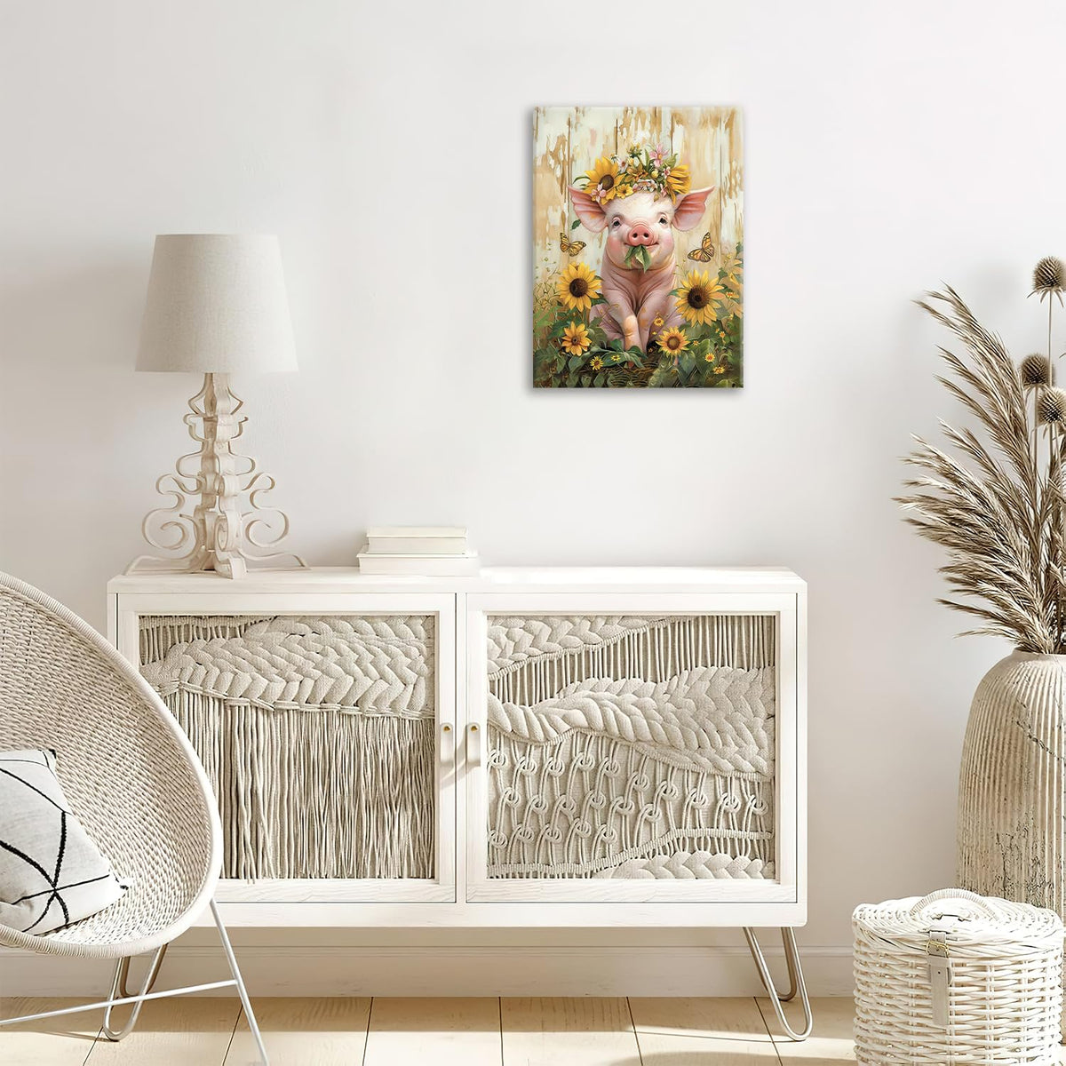 Pig Canvas Wall Art Farmhouse Animal Print Painting Framed ArtWork 16"x24" (Pig Sunflower / 24"L x 16"W)