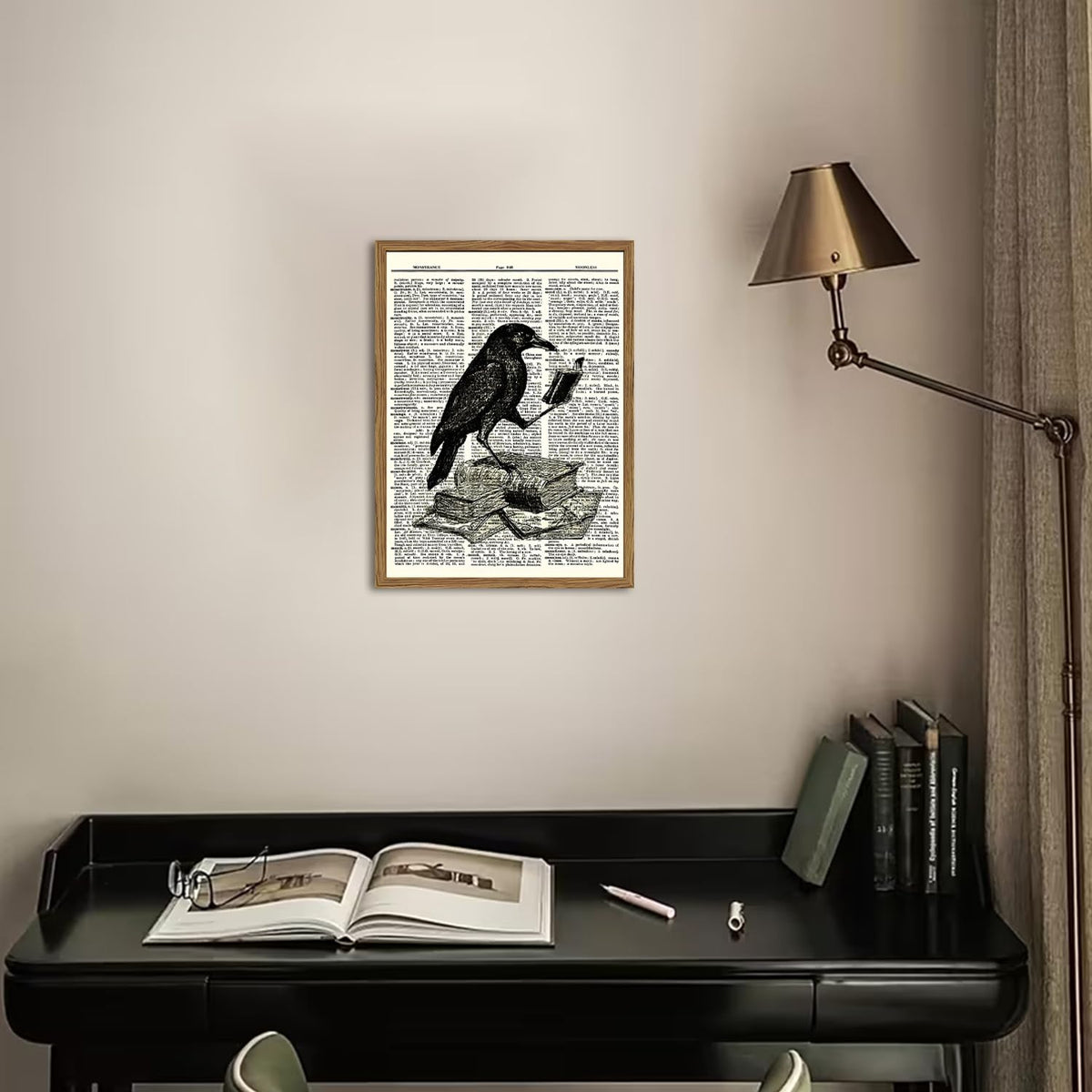 Funny Black Crow Reading Books Wall Art Vintage Raven Wall Decor Picture Dark Academia Animal Poster Canvas Print for Bedroom Living Room 16x24 inch Wood Framed (Animal -P / 24"L x 16"W)