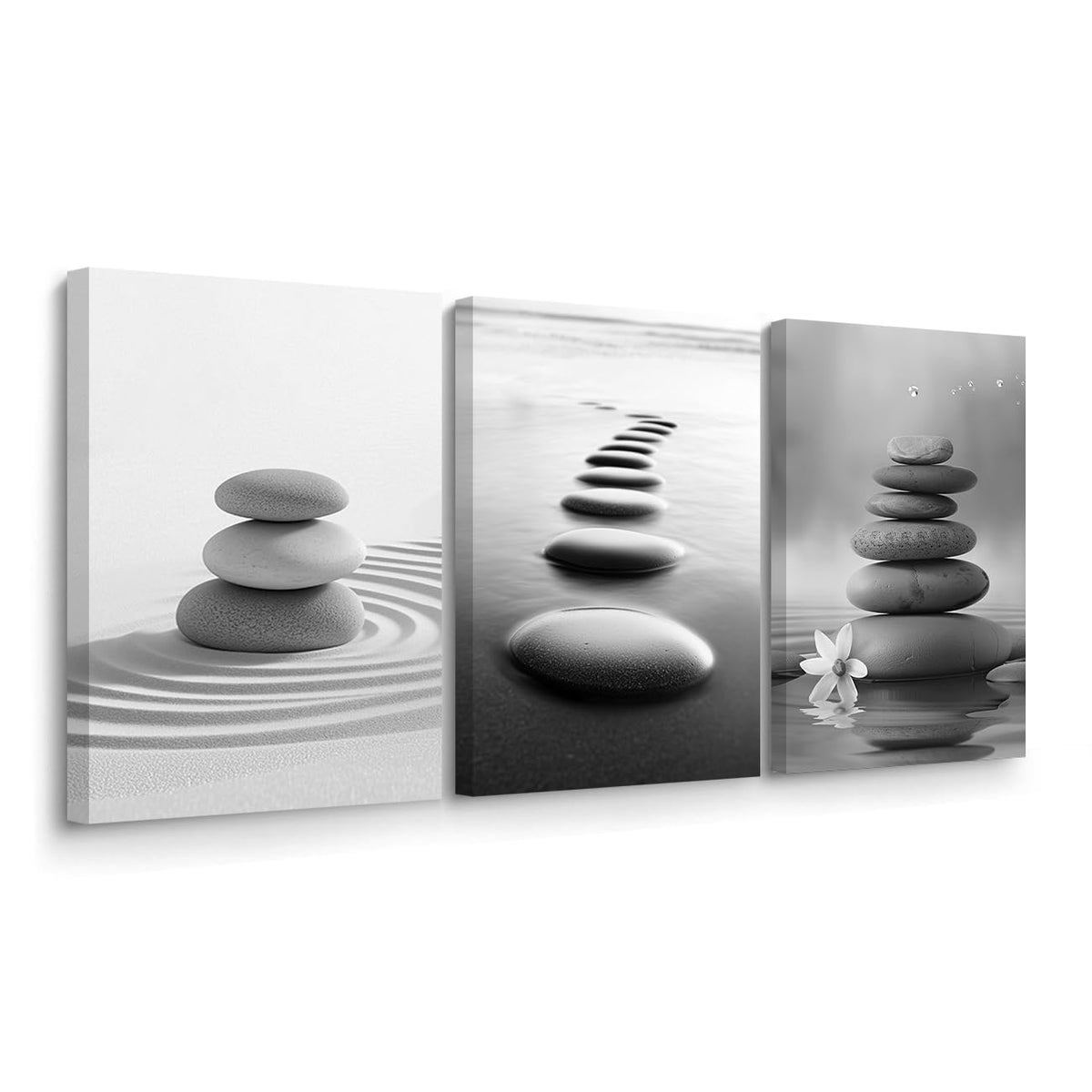 Black and White Zen Wall Art 3 Pieces Stones in Water Picture Canvas Print for Bathroom Spa Stone Painting Yoga Meditation Room Decor Framed (Grey / 20x28inchx3 Pieces)