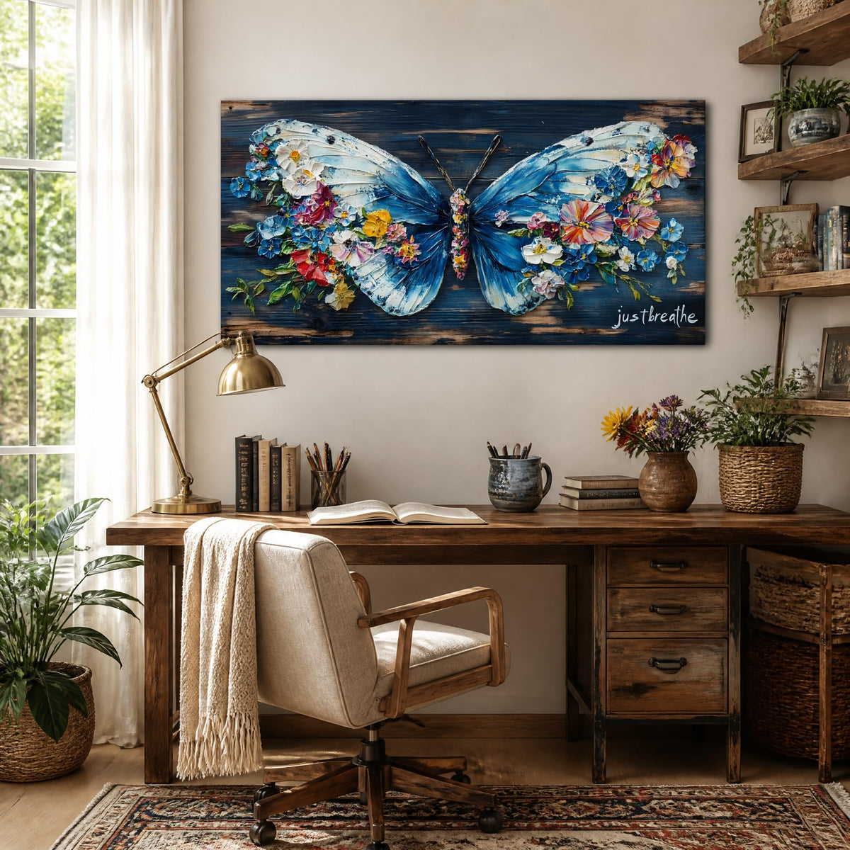 Blue Floral Butterfly Canvas Wall Art Just Breathe Inspirational Quote Painting Print Gallery Wrapped Rustic Wood Artwork for Living Room Bedroom Bathroom Decor (Wildlife / White Butterfly Flowers 4 / 40"L x 20"W)