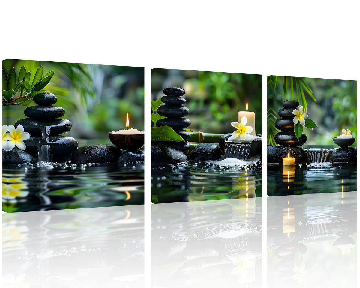3 Panels Zen Wall Art Zen Pictures for Bathroom Spa Stone Green Bamboo White Frangipani Flower Pictures Print on Canvas for Home Office Kitchen Wall Decor Stretched and Framed 12x12inchx3 (12x12inchx3 / Green Zen)