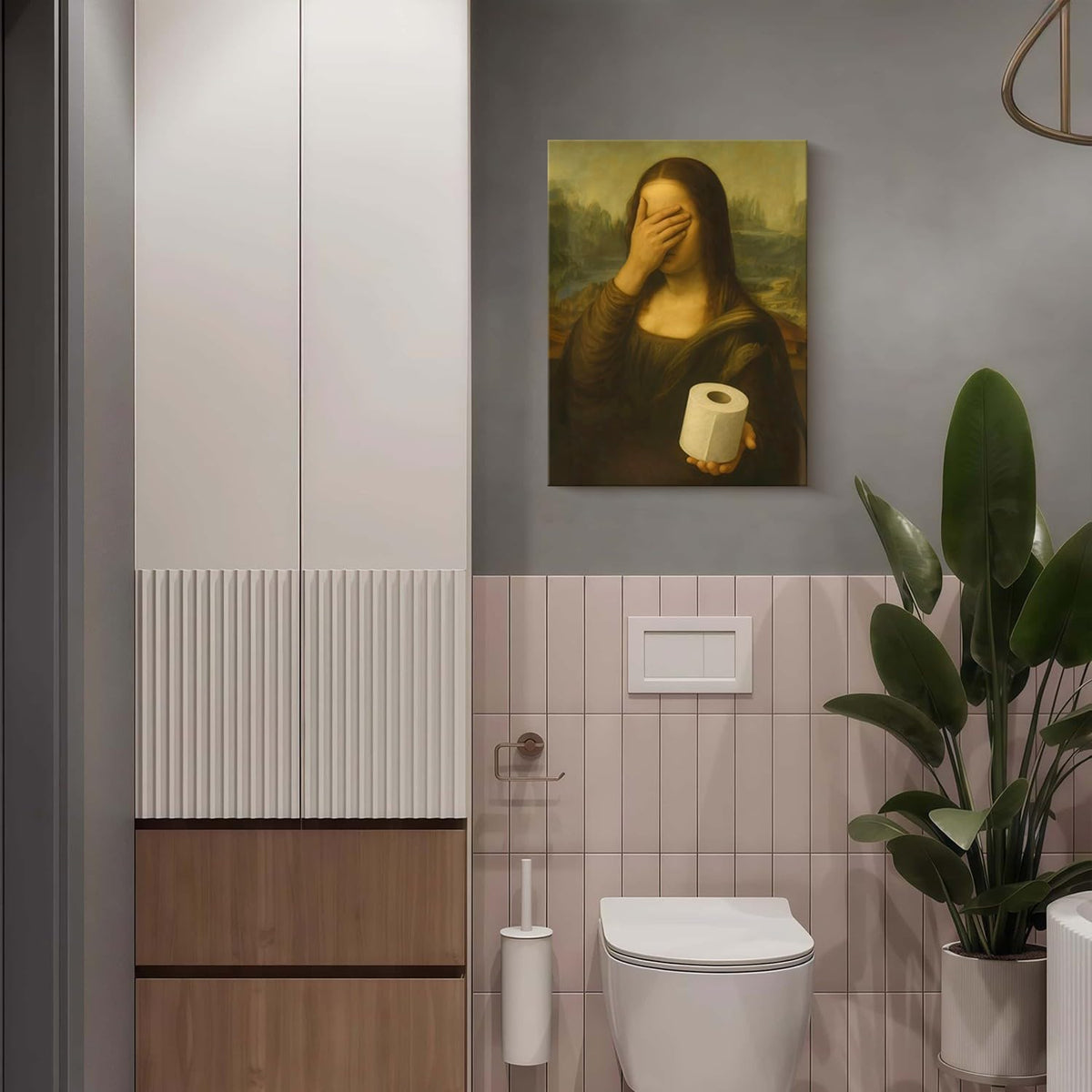 Funny Mona Lisa Bathroom Canvas Wall Art Parody World Famous Paintings Poster Print Modern Bathroom Paintings Humor Painting Gallery Wrap Bathroom Wall Decor Framed 12x16 Inch Ready to Hang (Funny Mona Lisa-2 / 12"L x 16"W)
