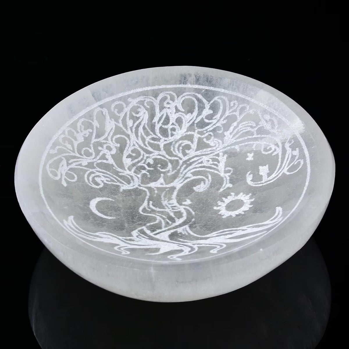 Natural Selenite Charging Bowl with Tree of Life Engraving 3.5 (Round Tree of Life 3.5-4 inches)